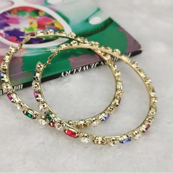 Gold MultiColor Gemstone Hoop Earrings - Picture 4 of 4